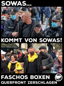 Text: SOWAS... KOMMT VON SOWAS! FASCHOS BOXEN QUERFRONT ZERSCHLAGEN + Antifaflagge. Erstes Foto zeigt man mit Blut im Gesicht, das zweite Bild zeigt, wie er eine Deutschlandfahne als MundNasenSchutz trägt